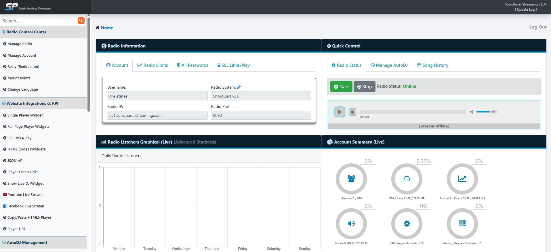 SonicPanel Radio Hosting Manager Dashboard